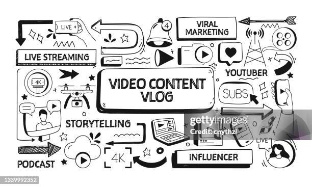 video blogger related doodle illustration. moderne design vektorillustration für webbanner, website-header usw. - camera tripod stock-grafiken, -clipart, -cartoons und -symbole