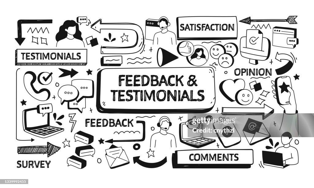 Feedback and Testimonials Related Doodle Illustration. Modern Design Vector Illustration for Web Banner, Website Header etc.