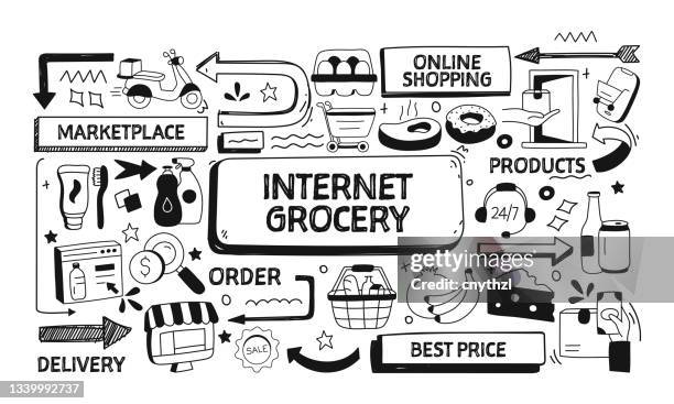 internet grocery related doodle illustration. modern design vector illustration for web banner, website header etc. - groceries stock illustrations