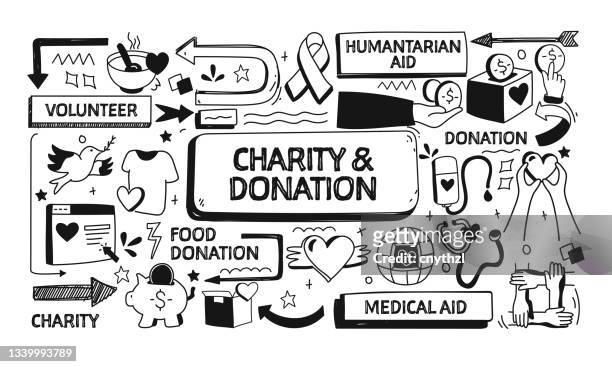 illustrations, cliparts, dessins animés et icônes de illustration de doodle liée à la charité et aux dons. illustration vectorielle de conception moderne pour bannière web, en-tête de site web, etc. - charity benefit