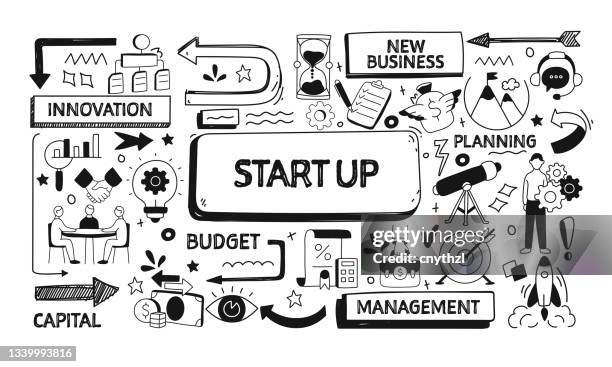 start up and new business related doodle illustration. modern design vector illustration for web banner, website header etc. - small business strategy stock illustrations