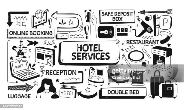 hotel services related doodle illustration. modern design vector illustration for web banner, website header etc. - concierge stock illustrations