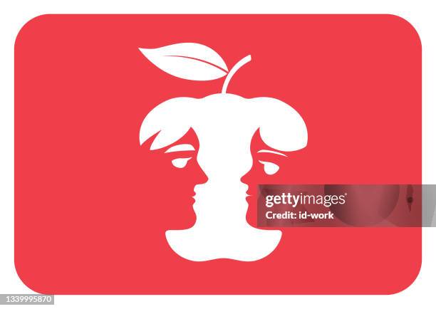 couple facing apple symbol - apple logo stock illustrations