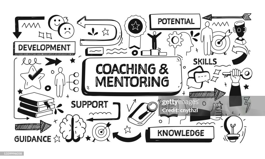 Coaching and Mentoring Related Doodle Illustration. Modern Design Vector Illustration for Web Banner, Website Header etc.
