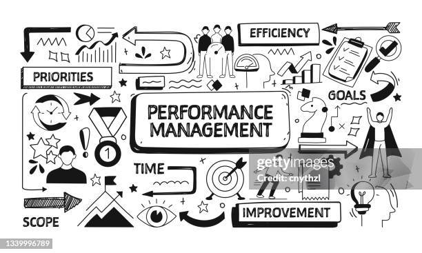 performance management related doodle illustration. modern design vector illustration for web banner, website header etc. - workflow efficiency stock illustrations