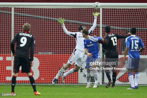 Peter Cech of Chelsea gets the second goal of Manuel Friedrich of Leverkusen during the UEFA Champions League group E match between Bayer 04...