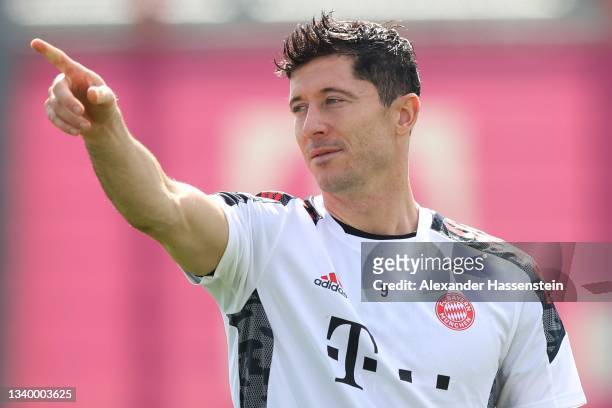 Robert Lewandowski of FC Bayern München reacts during a FC Bayern training session at Saebener Strasse training ground on September 13, 2021 in...