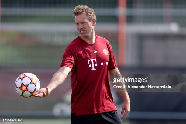 Julian Nagelsmann, head coach of FC Bayern München reacts during a FC Bayern training session at Saebener Strasse training ground on September 13,...