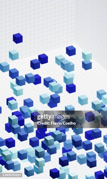 3d data blue blocks on white grid surface - vertical version - cloud computing white background stock pictures, royalty-free photos & images