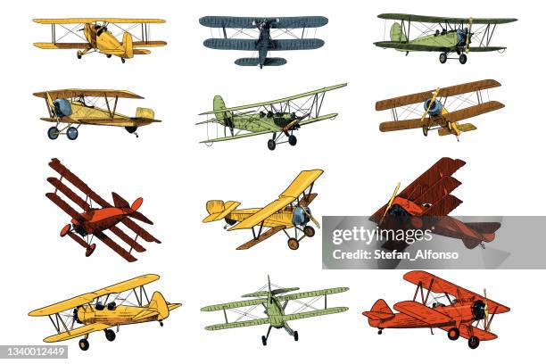 stockillustraties, clipart, cartoons en iconen met set of colored drawings of old planes. traditional style vector illustrations of vintage aircraft - ww1 aircraft