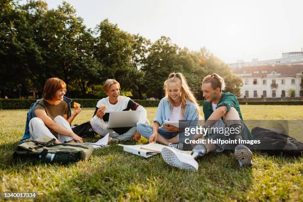 young disabled student with friends using laptop and sitting on grass outdoors in campus area.  back to unversity concept - small group sitting in grass photos et images de collection