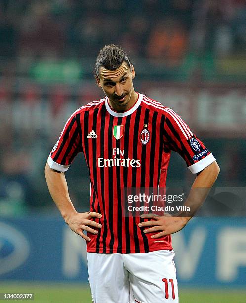 Zlatan Ibrahimovic of AC Milan looks dejected during the UEFA Champions League group H match between AC Milan and FC Barcelona at Giuseppe Meazza...