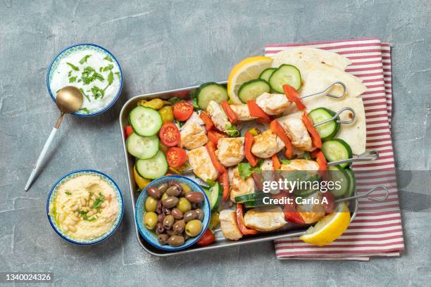 souvlaki chicken and bell peppers - shish kebab stock pictures, royalty-free photos & images