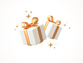 Gift boxes isolated on white. 3d white gift boxes with golden ribbon and bow. Birthday celebration concept. Vector illustration.