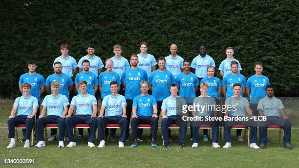 The England U19 players and staff pose for a team photograph during an England U19 Nets Session at Polo Farm on September 13, 2021 in Canterbury,...