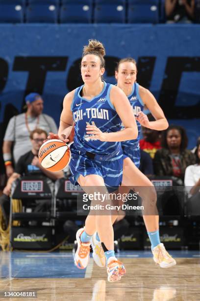 Marina Mabrey of the Chicago Sky dribbles the ball during the game against the Washington Mystics on June 22, 2023 at the Wintrust Arena in Chicago,...