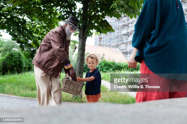 young boy helping grandfather carry picnic basket - grandma cane stock pictures, royalty-free photos & images