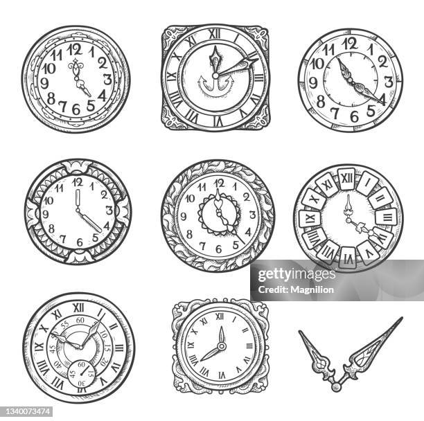 vintage clocks and arrows. - measuring-glass-drawing stock illustrations