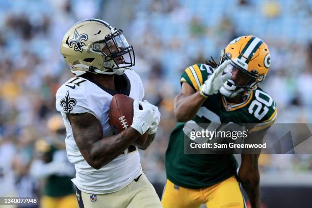 Deonte Harris of the New Orleans Saints makes a reception for a touchdown against Kevin King of the Green Bay Packers during the game at TIAA Bank...