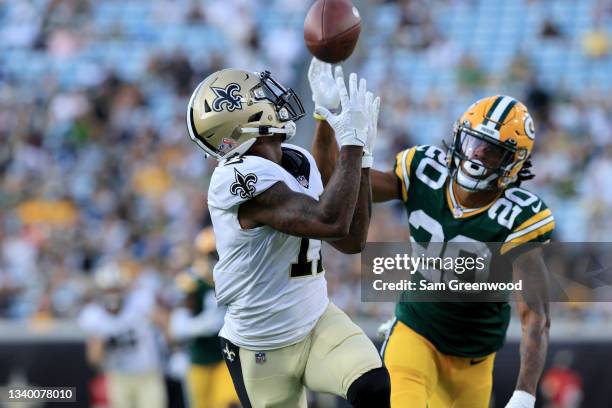 Deonte Harris of the New Orleans Saints makes a reception for a touchdown against Kevin King of the Green Bay Packers during the game at TIAA Bank...
