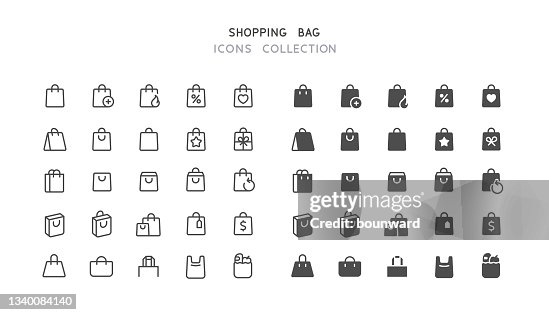 Iconos de bolsas de compras planas y de línea Iconos de bolsas de compras planas y de línea