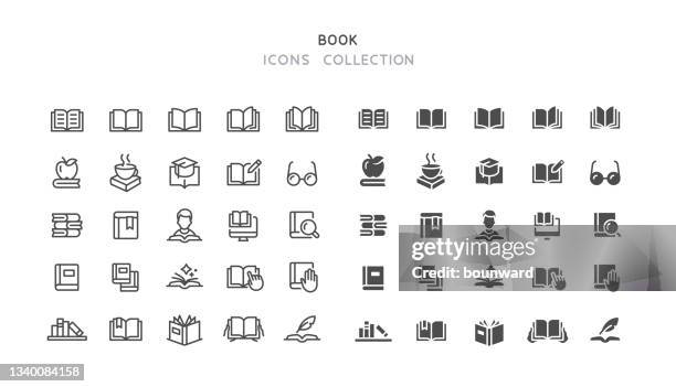 ilustrações, clipart, desenhos animados e ícones de ícones de linha e livro plano - aberto