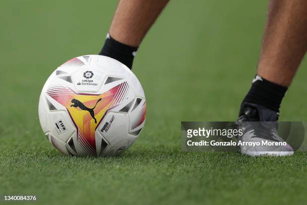 Detail view of the Puma Laliga Accelerate official match ball prior to the La Liga Santander match between Getafe CF and Elche CF at Coliseum Alfonso...