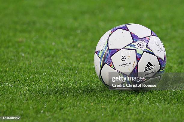 The adidas football finale is seen on the pitch during the UEFA Champions League group E match between Bayer 04 Leverkusen and Chelsea FC at BayArena...