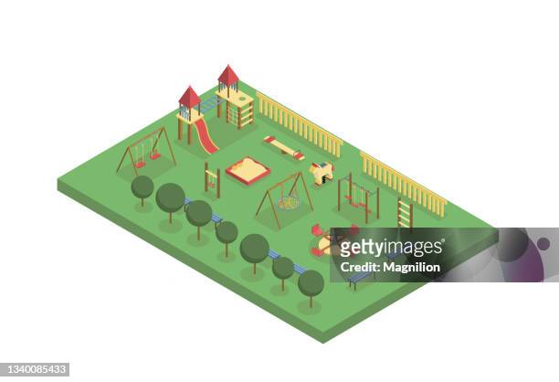 playground isometrische illustration - park bench stock-grafiken, -clipart, -cartoons und -symbole