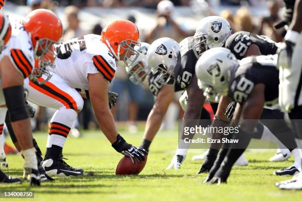 The Oakland Raiders line up against the Cleveland Browns at O.co Coliseum on October 16, 2011 in Oakland, California.