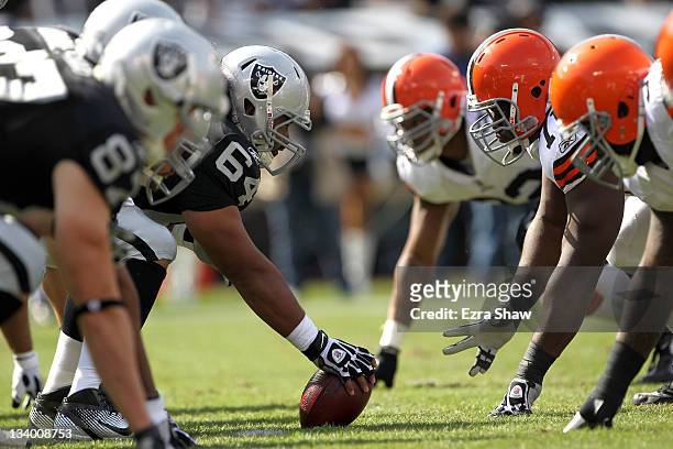 The Oakland Raiders line up against the Cleveland Browns at O.co Coliseum on October 16, 2011 in Oakland, California.