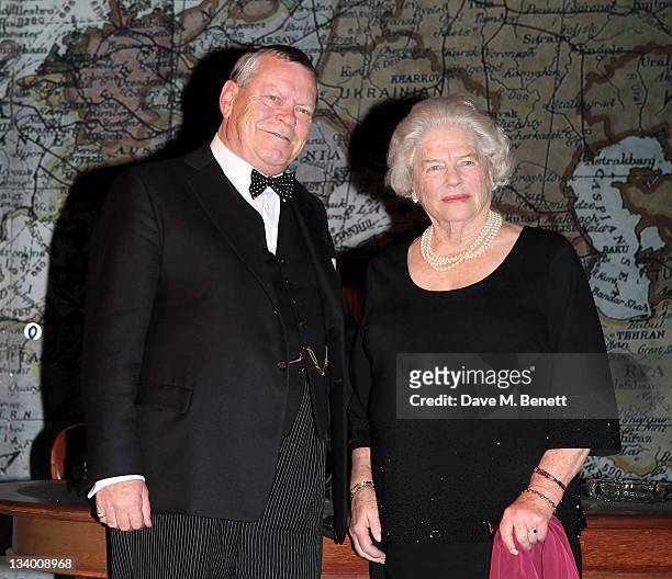 Lady Mary Soames, daughter of former British Prime Minister Sir Winston Churchill, poses onstage with cast member Warren Clarke, who plays her...