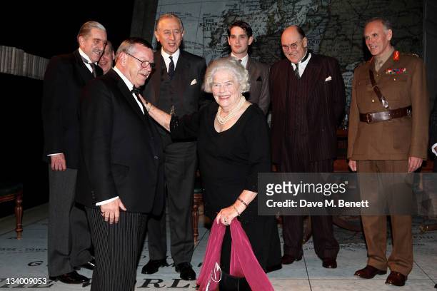 Lady Mary Soames, daughter of former British Prime Minister Sir Winston Churchill, speaks with actor Warren Clarke, who plays her father, onstage...