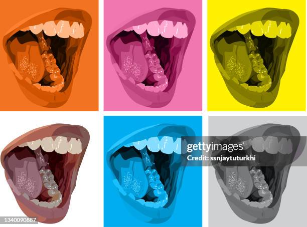 the female girl is showing her mouth - teeth stock illustrations