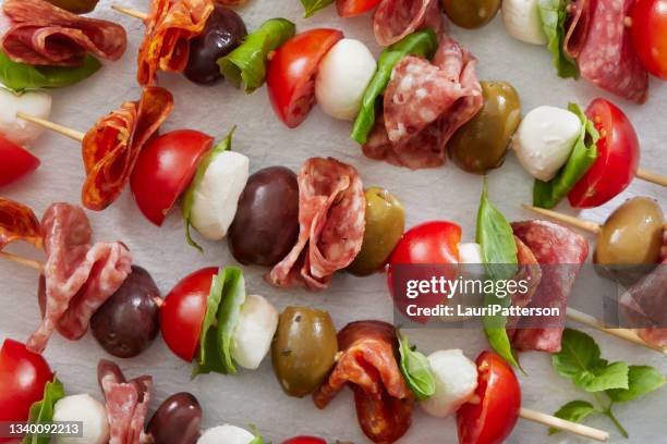 antipasto skewers - caprese salad stock pictures, royalty-free photos & images