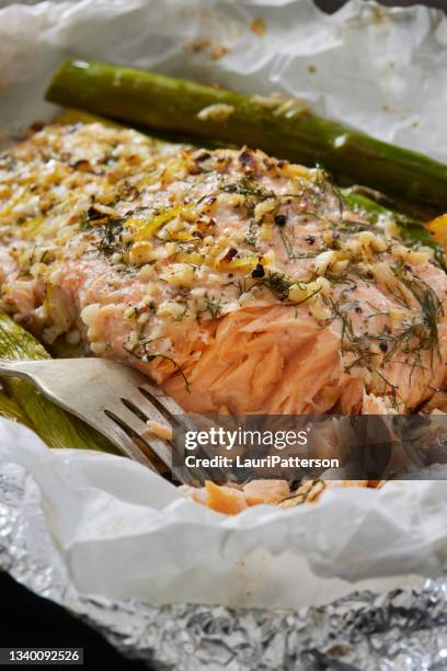 folienverpackter lachs - salmon steak stock-fotos und bilder