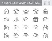 Home line icons. Vector illustration include icon - country house, property, cottage, chimney, homepage, residential building outline pictogram for real estate. 64x64 Pixel Perfect, Editable Stroke