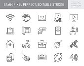 Internet line icons. Vector illustration include icon - satellite dish, provider, wifi, cctv camera, laptop, optical cable, patch cord outline pictogram for web. 64x64 Pixel Perfect, Editable Stroke