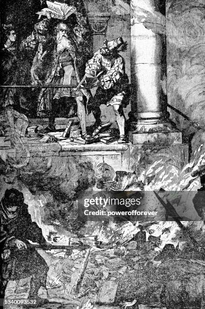 ilustrações de stock, clip art, desenhos animados e ícones de people book burning the talmud at the end of the disputation of paris - 13th century - queimadas