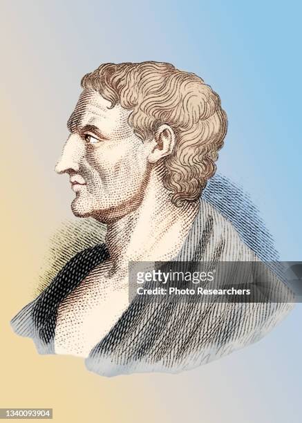Colorized illustration of Greek philosopher Aristotle , 1825.