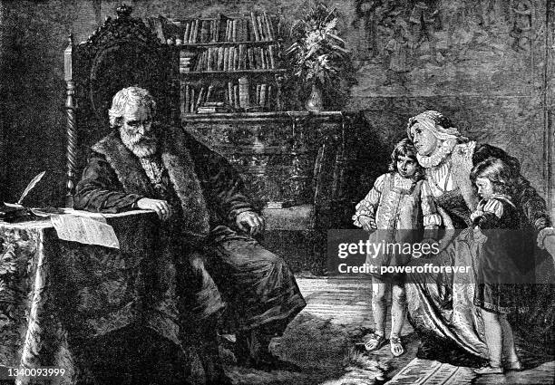 philippine welser asks ferdinand i for recognition of the validity of her marriage to ferdinand ii, painting by alois delug - 19th century - ferdinand i holy roman emperor stock illustrations