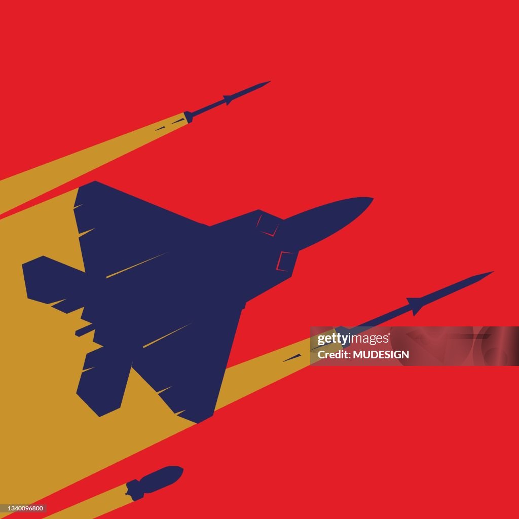 Airstrike concept. F22 raptor flying