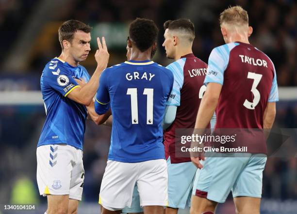 Seamus Coleman of Everton and Matthew Lowton of Burnley exchange words during the Premier League match between Everton and Burnley at Goodison Park...