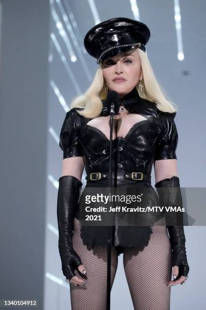 Madonna speaks onstage during the 2021 MTV Video Music Awards at Barclays Center on September 12, 2021 in the Brooklyn borough of New York City.