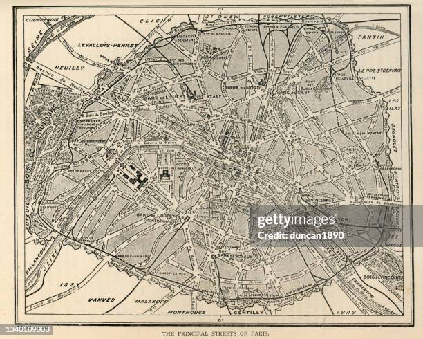 vintage street map of paris, france, 1890s, 19th century - map paris stock illustrations