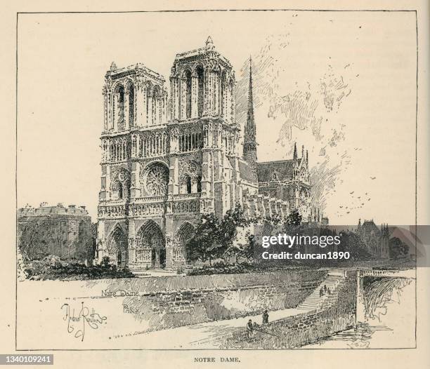 vintage illustration of notre dame, paris, france, medieval french gothic architrecture, 19th century - ile de la cite stock illustrations