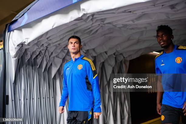 Cristiano Ronaldo of Manchester United arrives ahead of a first team training session at Stadion Wankdorf on September 13, 2021 in Bern, Switzerland.