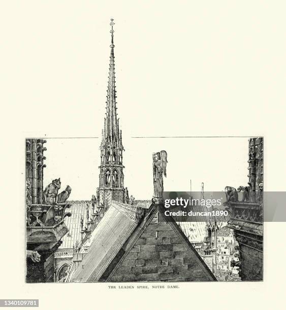 illustrazioni stock, clip art, cartoni animati e icone di tendenza di guglia di piombo di notre dame, parigi, francia, 19 ° secolo - guglia