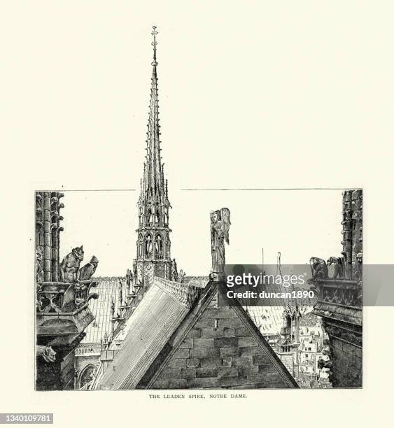 leaden spire of notre dame, paris, france, 19th century - spire stock illustrations