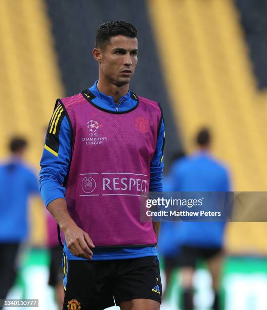 Cristiano Ronaldo of Manchester United in action during a first team training session at Stadion Wankdorf on September 13, 2021 in Bern, Switzerland.